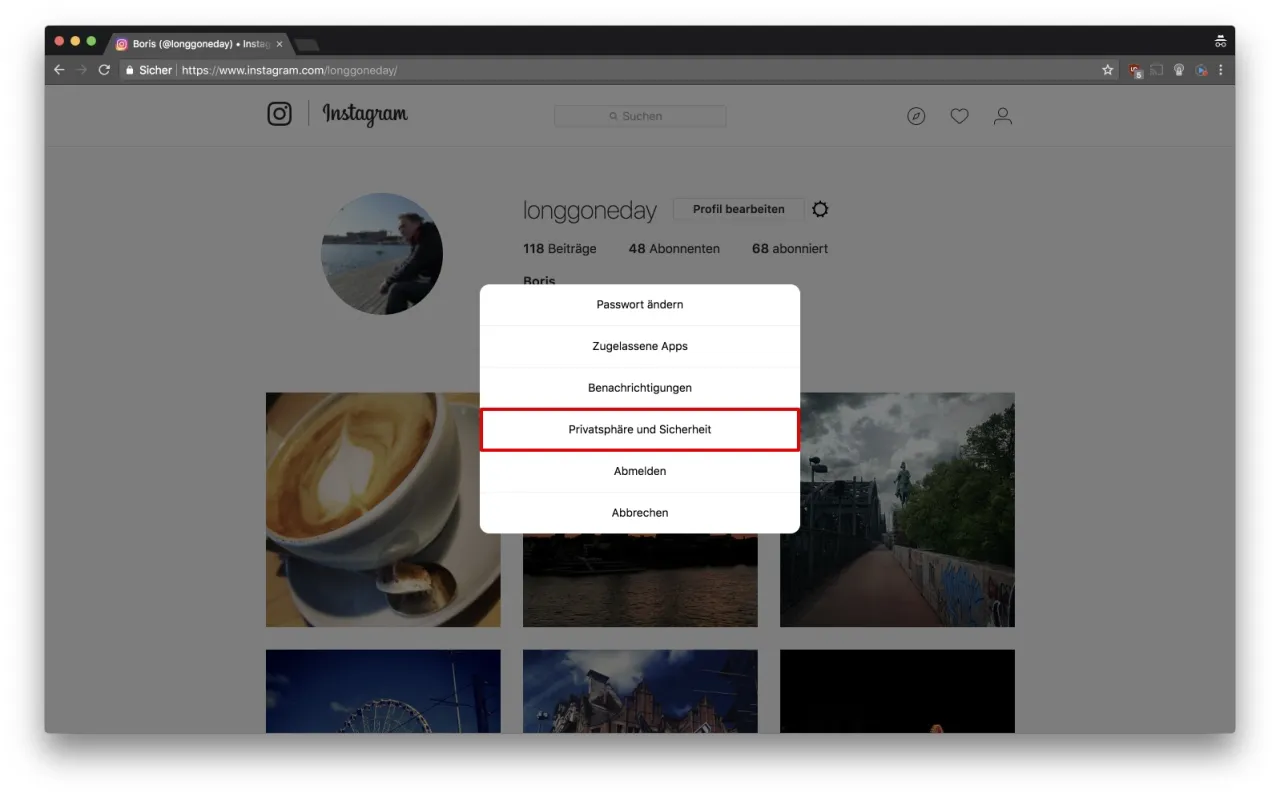 Instagram Daten herunterladen Anleitung Screenshot