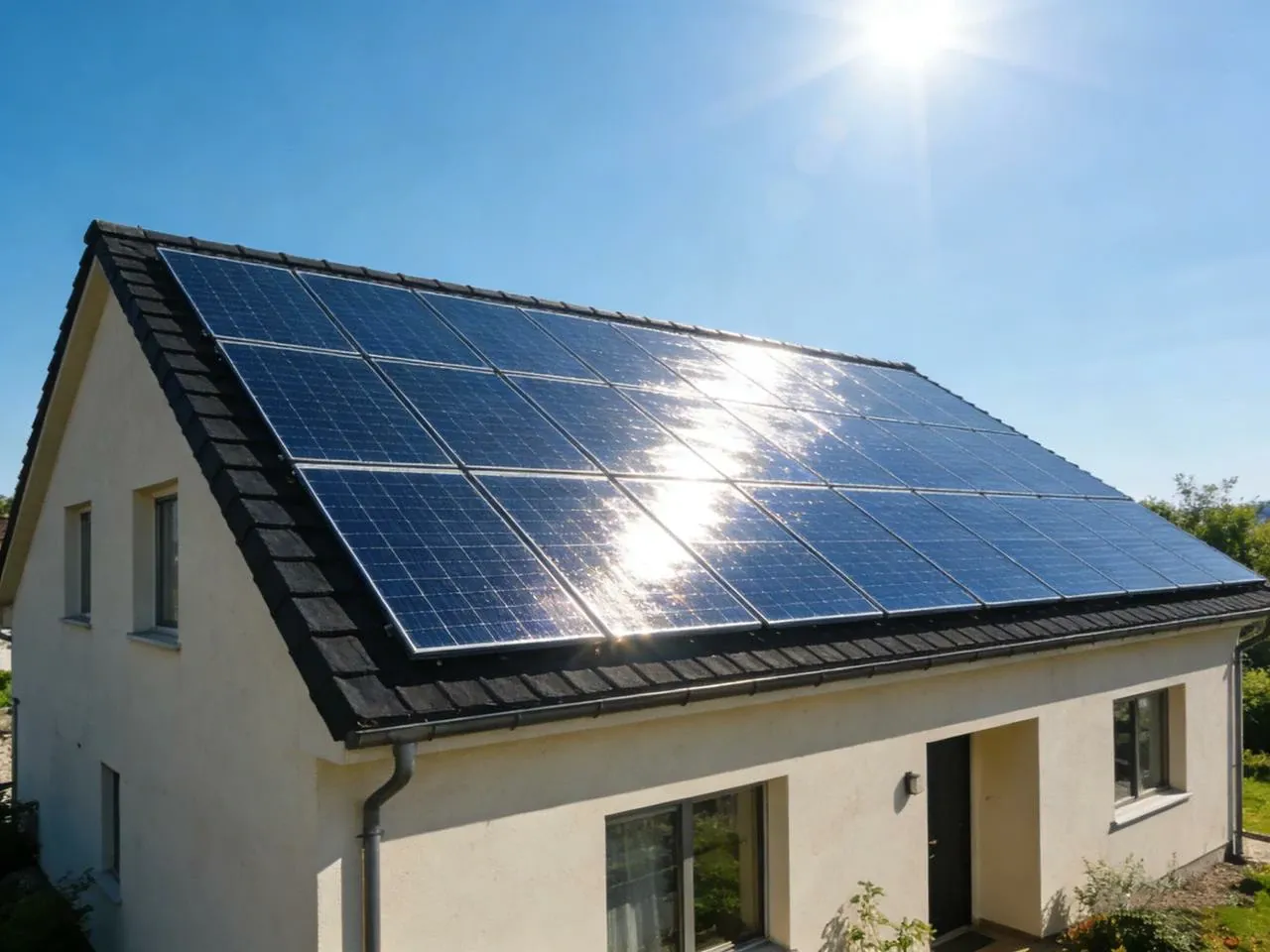 Dom z panelami fotowoltaicznymi na dachu. Słońce odbija się od paneli. Dowiedz się, do kiedy dofinansowanie do fotowoltaiki.