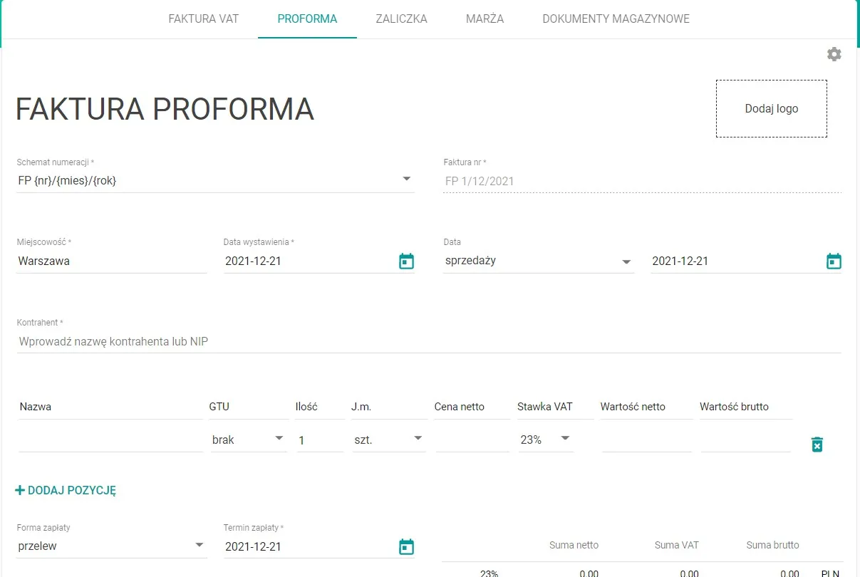 scenariusze użycia faktury proforma