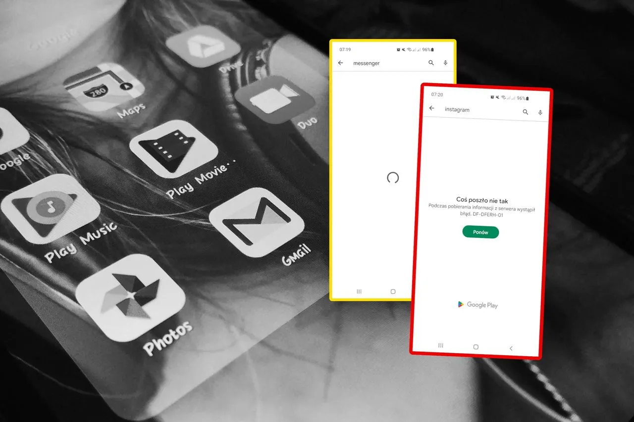 Ekran telefonu z ikonami aplikacji i komunikatem błędu w Google Play, który może utrudnić aktualizację.