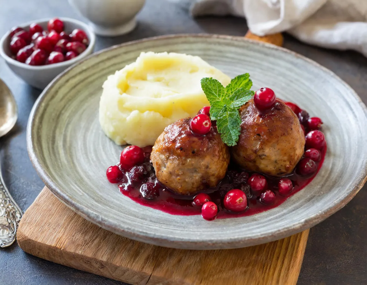 Köttbullar mit Kartoffelpüree und Preiselbeeren auf einem rustikalen Holztisch