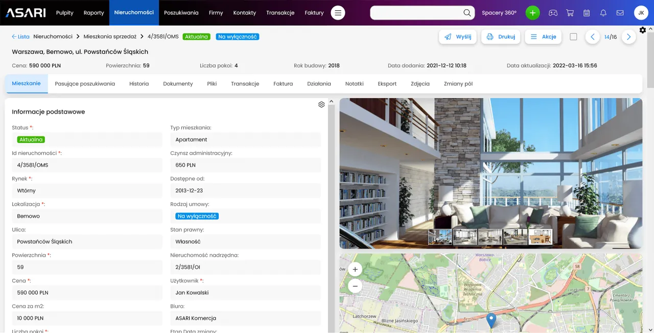 interfejs portalu nieruchomości z widokiem mapy i ofertami