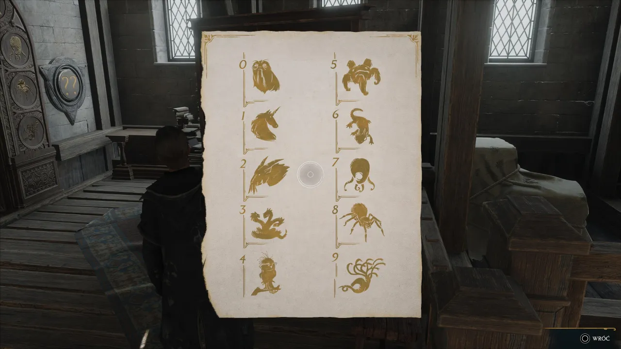Rozwiązujesz zagadkę w Hogwarts Legacy, analizując symbole stworzeń od 0 do 9.