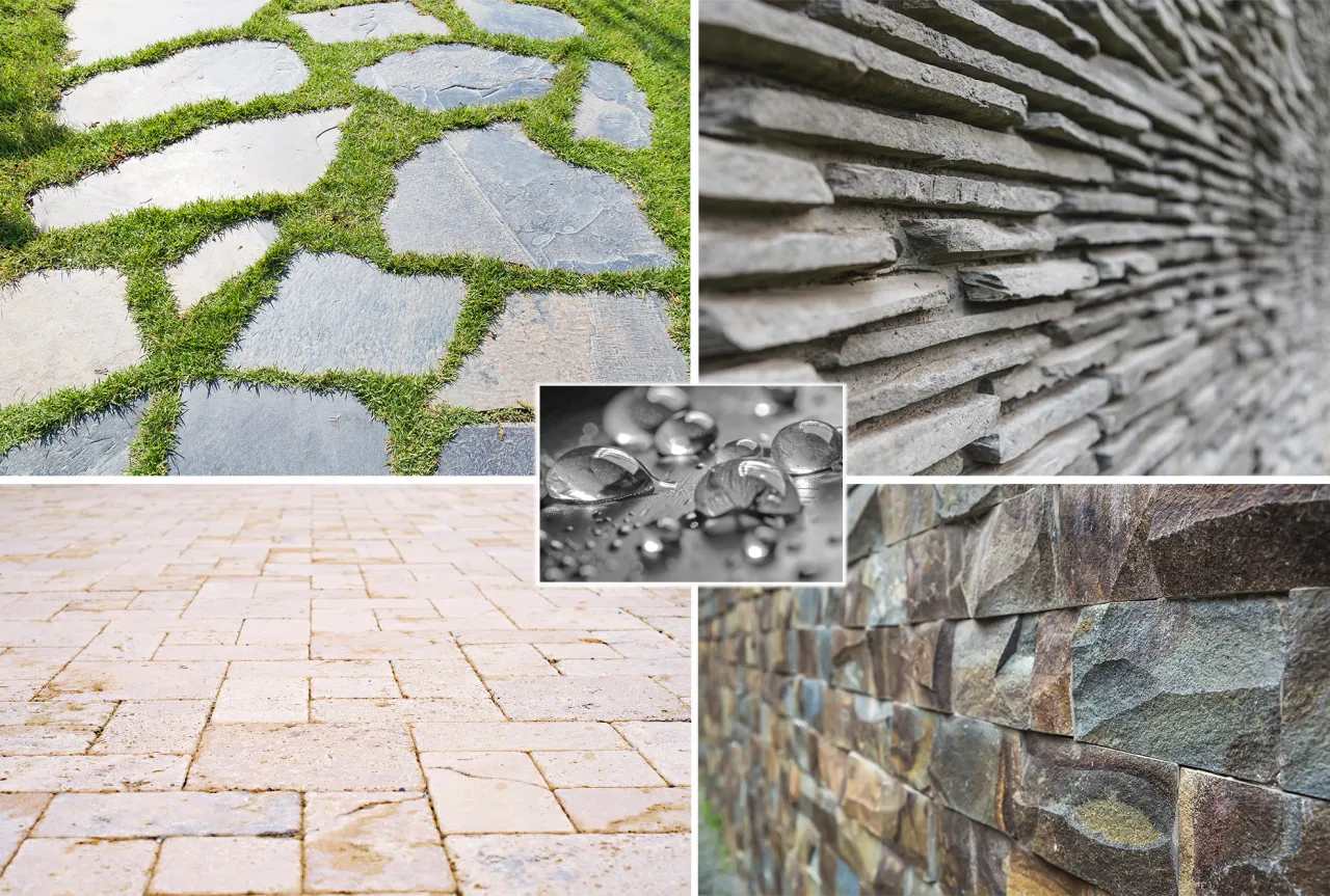 Kamień dekoracyjny na ścieżce i ścianach, a także krople wody. Dowiedz się, czym wyczyścić kamień dekoracyjny, by wyglądał jak nowy.