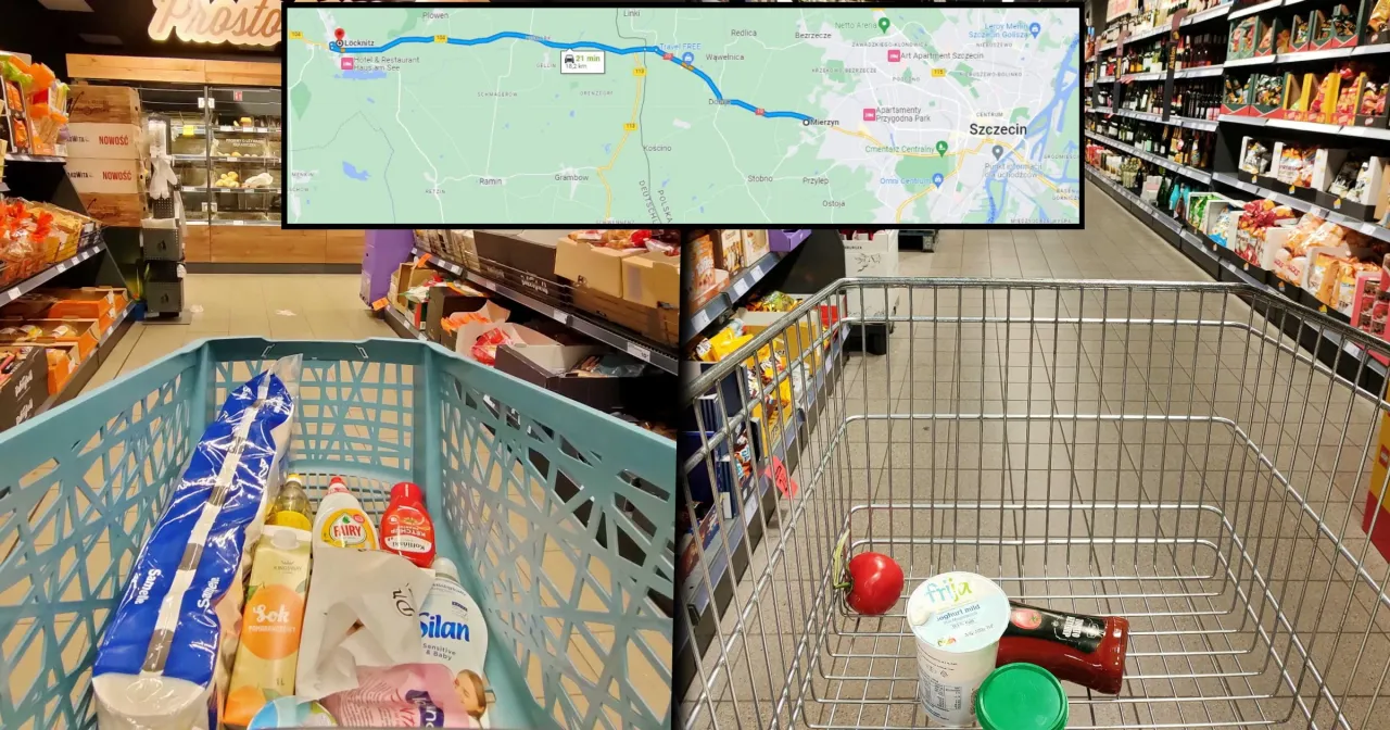 Polak na zakupach w niemieckim markecie, pełny wózek