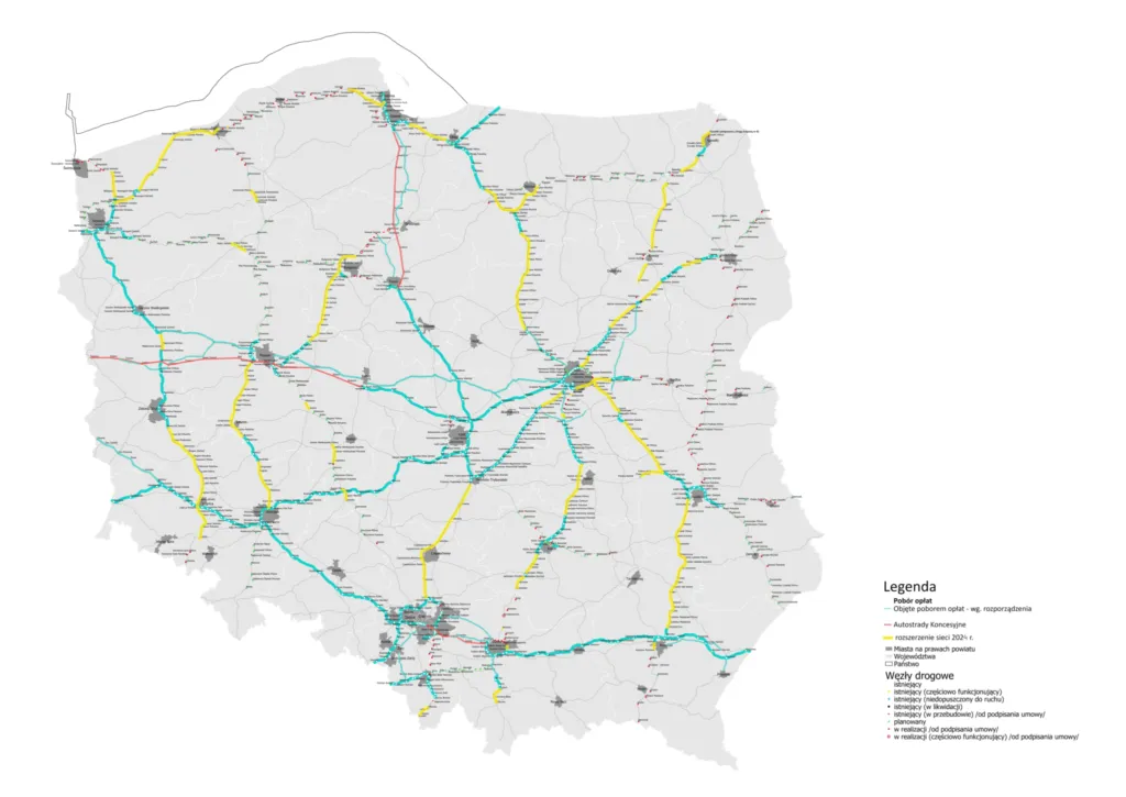 Mapa autostrad płatnych Polska e-TOLL koncesyjne