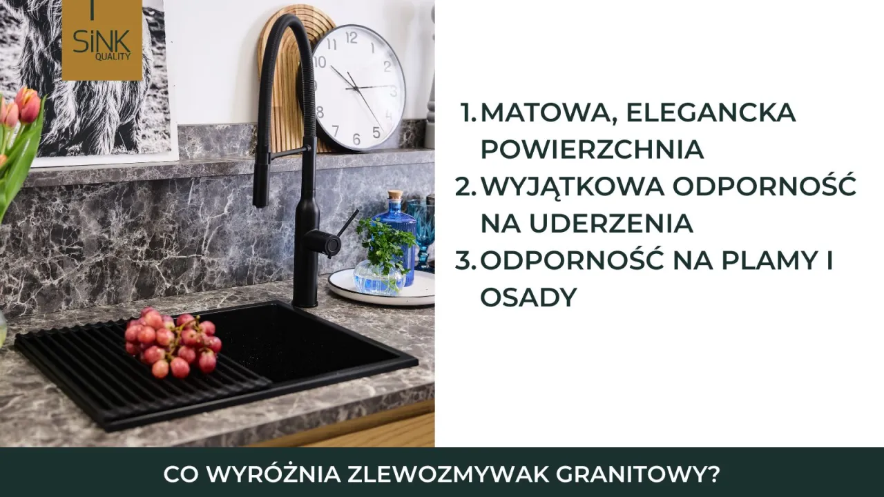 Elegancki zlewozmywak granitowy z matową powierzchnią, odporny na uderzenia i plamy. Idealny wyb&oacute;r zamiast zlewozmywaka konglomeratowego.