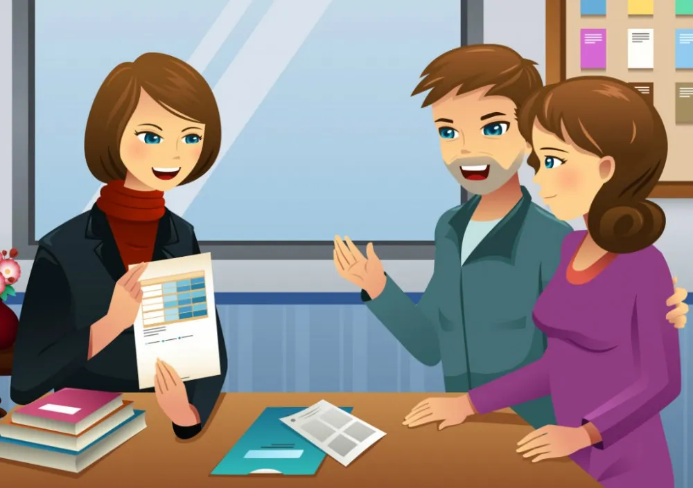 Uczeń z rodzicami przeglądający oferty szk&oacute;ł