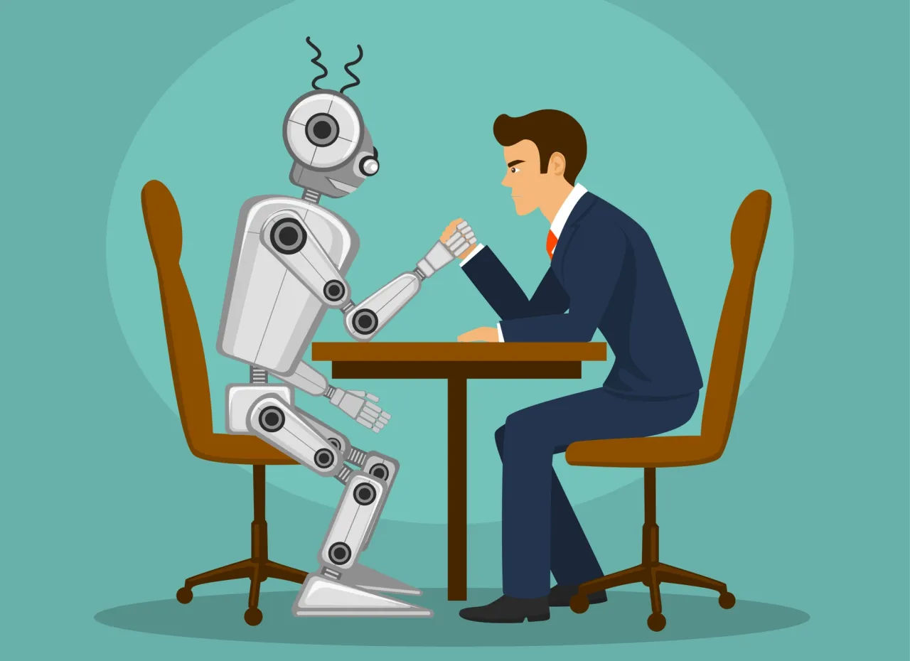 Robot i człowiek siłują się na ręce, symbolizując pytanie: czy sztuczna inteligencja zastąpi człowieka w przyszłości?