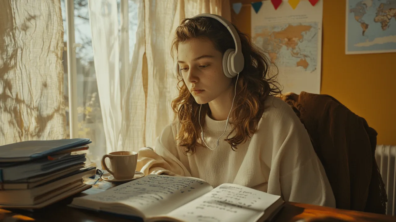 osoba ucząca się angielskiego, książki do angielskiego, słuchawki