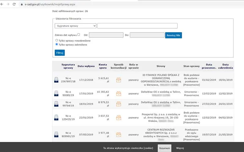 jak sprawdzić status sprawy sądowej