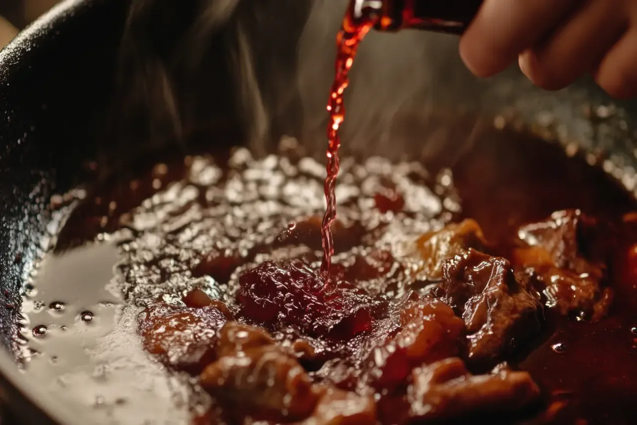 Czerwone wino dodawane do mięsa na patelni, by zrobić sos z tłuszczu po upieczeniu. Para unosi się nad daniem.