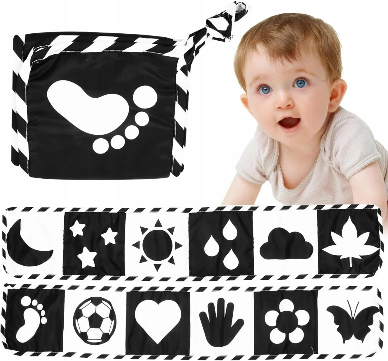 rodzic pokazujący niemowlęciu czarno-białą książeczkę kontrastową