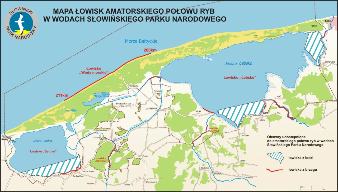 Mapa Polski z zaznaczonymi regionami wędkarskimi i łowiskami