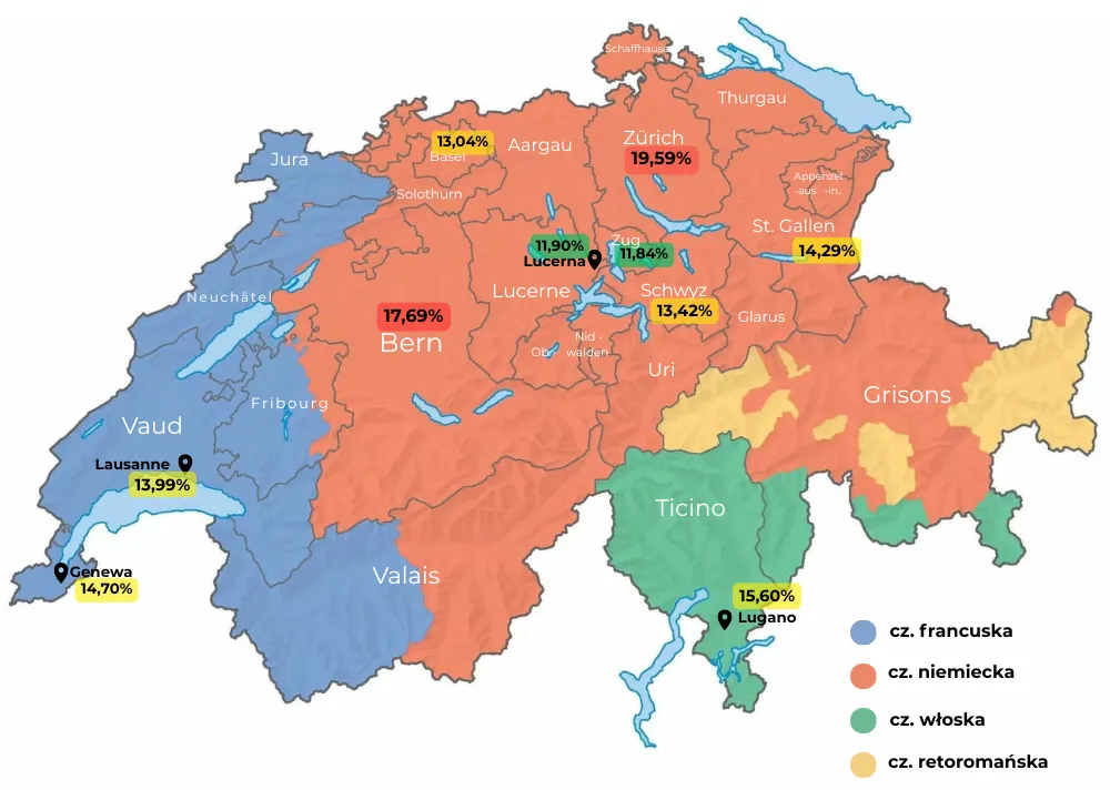 Mapa Szwajcarii z zaznaczonymi średnimi cenami wynajmu w kantonach i miastach