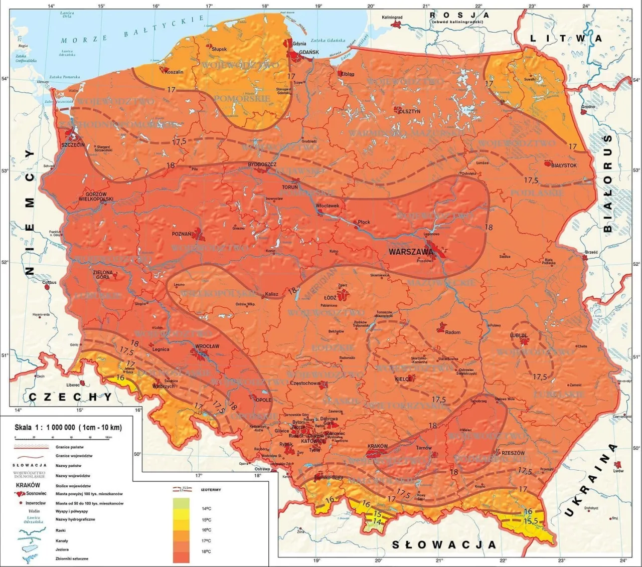 Mapa klimatyczna Polski z zaznaczonymi strefami klimatycznymi