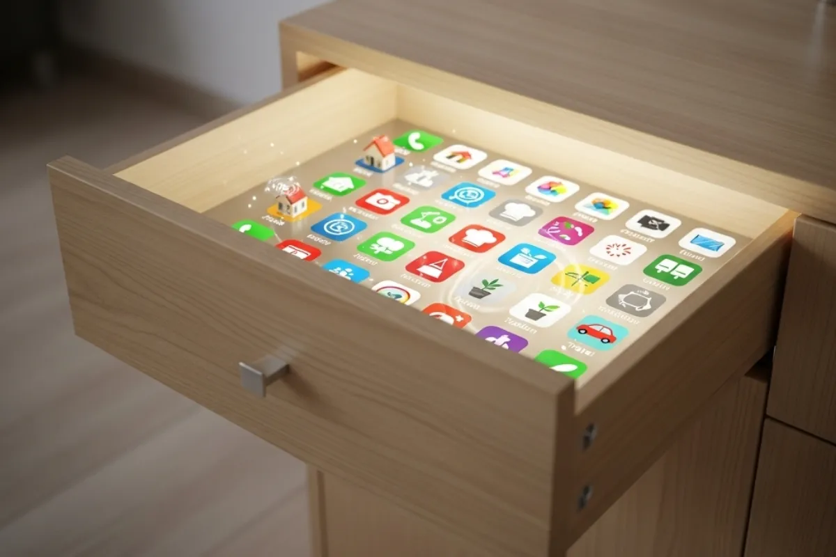 Otwarta szuflada z ikonami aplikacji, jak ułożyć aplikacje w telefonie. Wirtualny pulpit.