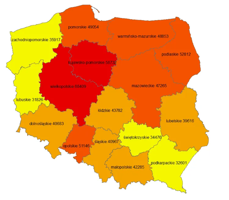 Mapa cen ziemi rolnej w Polsce województwa