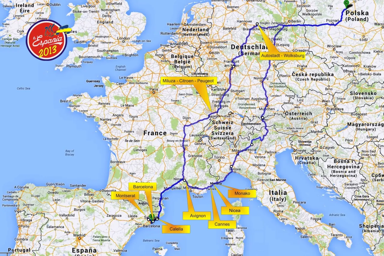Mapa Europy z zaznaczonymi trasami Polska Hiszpania
