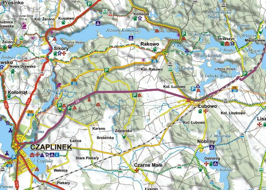 Mapa Pojezierza Drawskiego z zaznaczonymi jeziorami