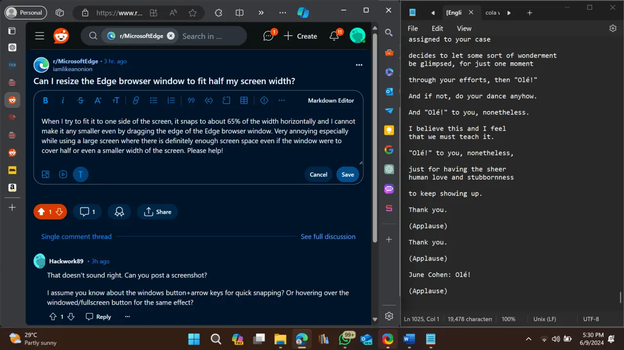 Dyskusja na Reddicie o tym, jak powiększyć okno przeglądarki Edge, by dopasować je do połowy ekranu.