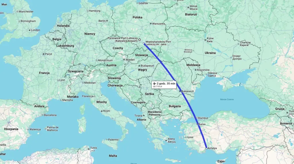 Mapa połączeń lotniczych Polska Turcja