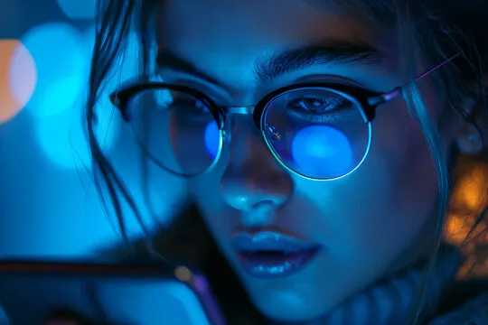 osoba zrelaksowana oglądająca serial wieczorem z okularami blue light