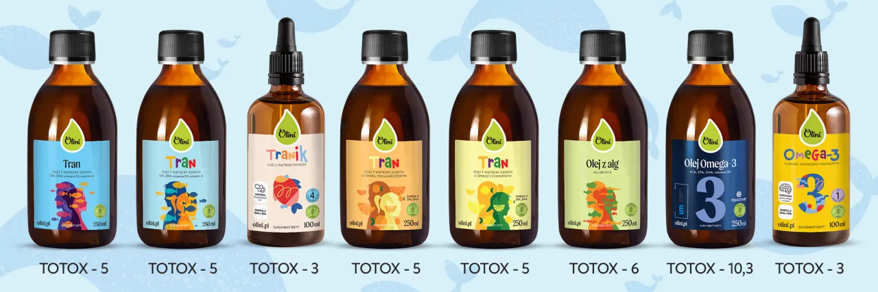 Etykieta suplementu omega-3 z zaznaczonymi EPA DHA TOTOX