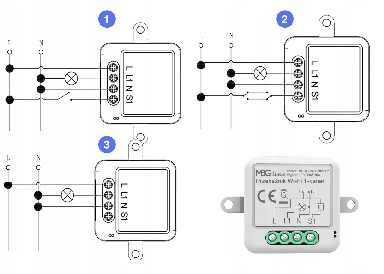 Schematy pokazują przekaźnik beznapięciowy zasada działania. R&oacute;żne konfiguracje połączeń z lampą i przełącznikiem.