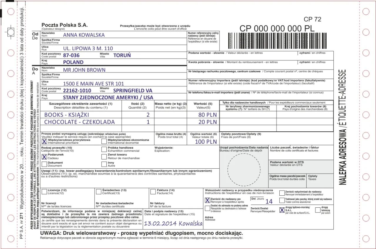 formularz adresowy na paczce międzynarodowej