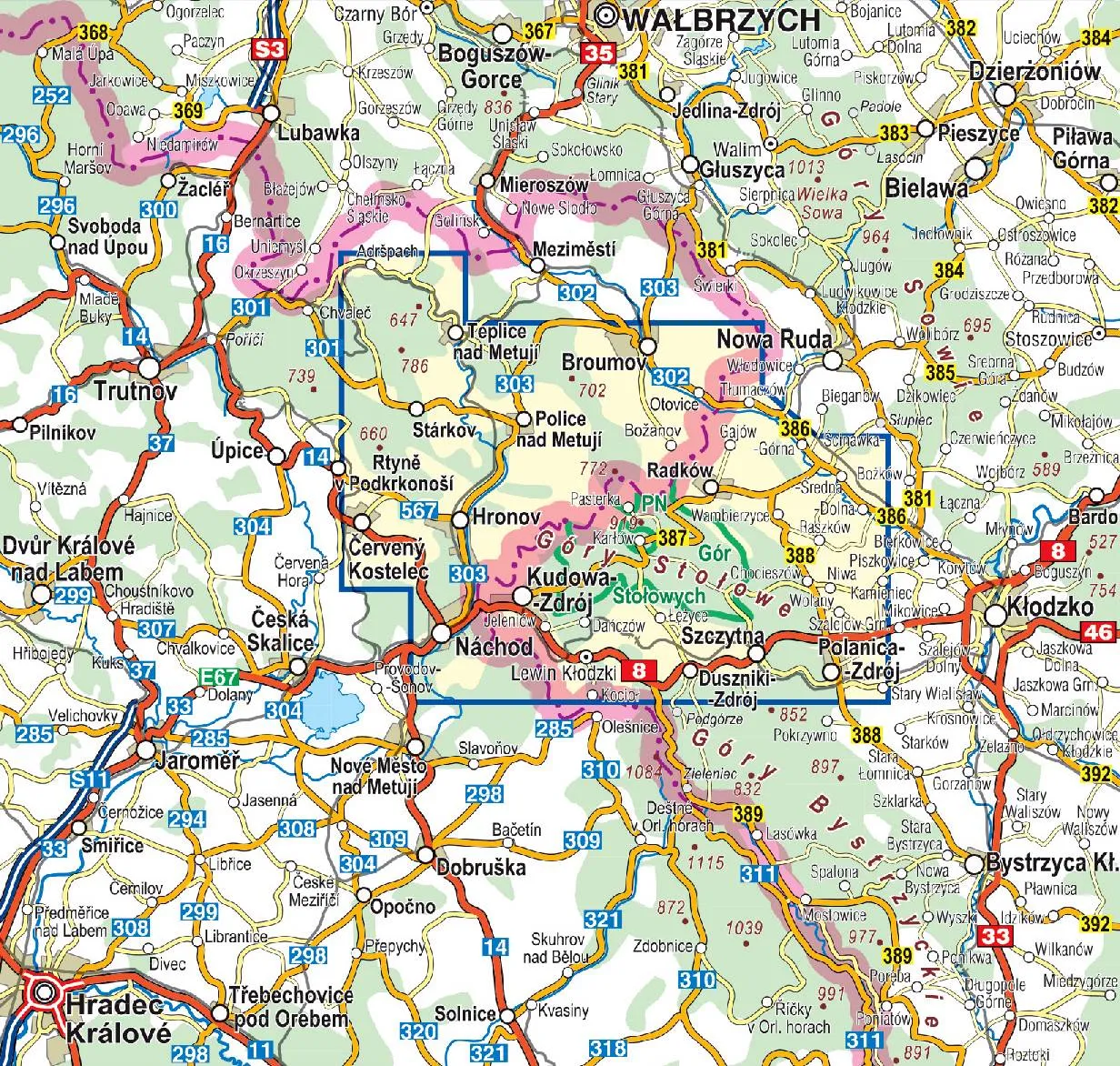 Mapa dojazdu G&oacute;ry Stołowe z gł&oacute;wnych miast Polski