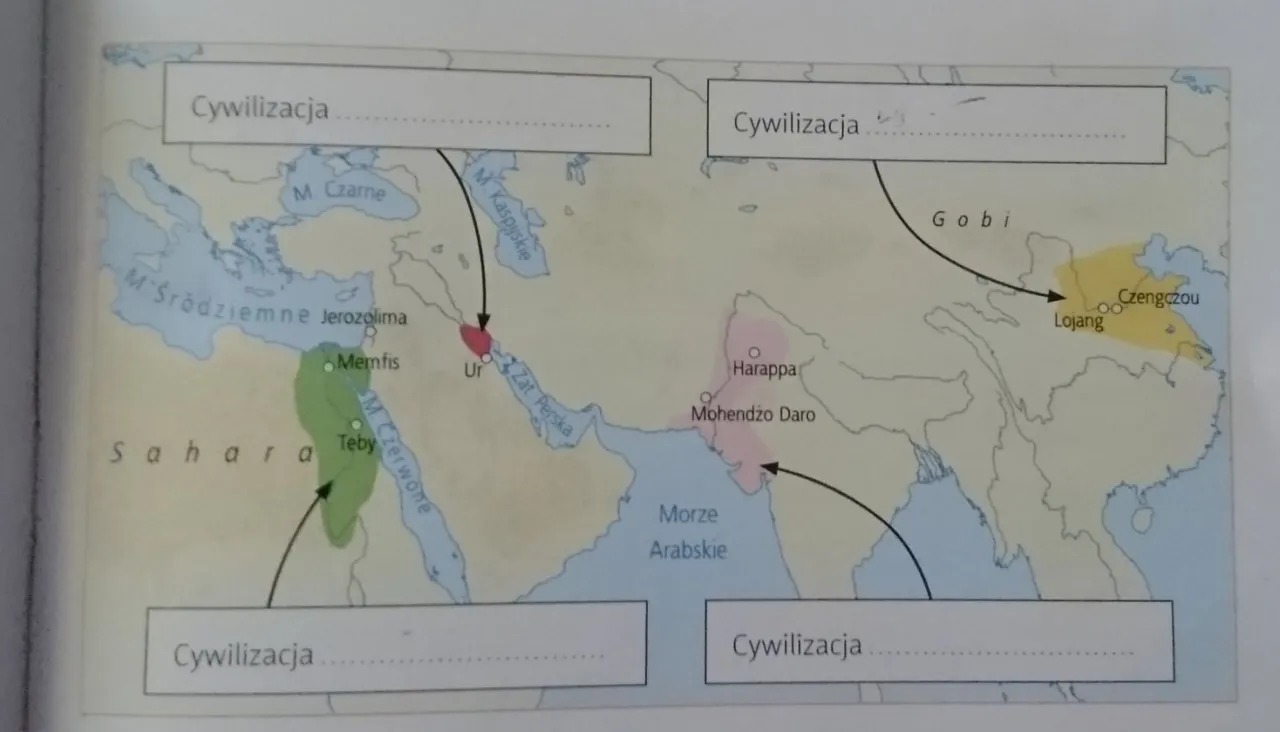 Mapa pokazuje starożytne cywilizacje: Egipt, Mezopotamię, Dolinę Indusu i Chiny. Który kraj jest najstarszy?