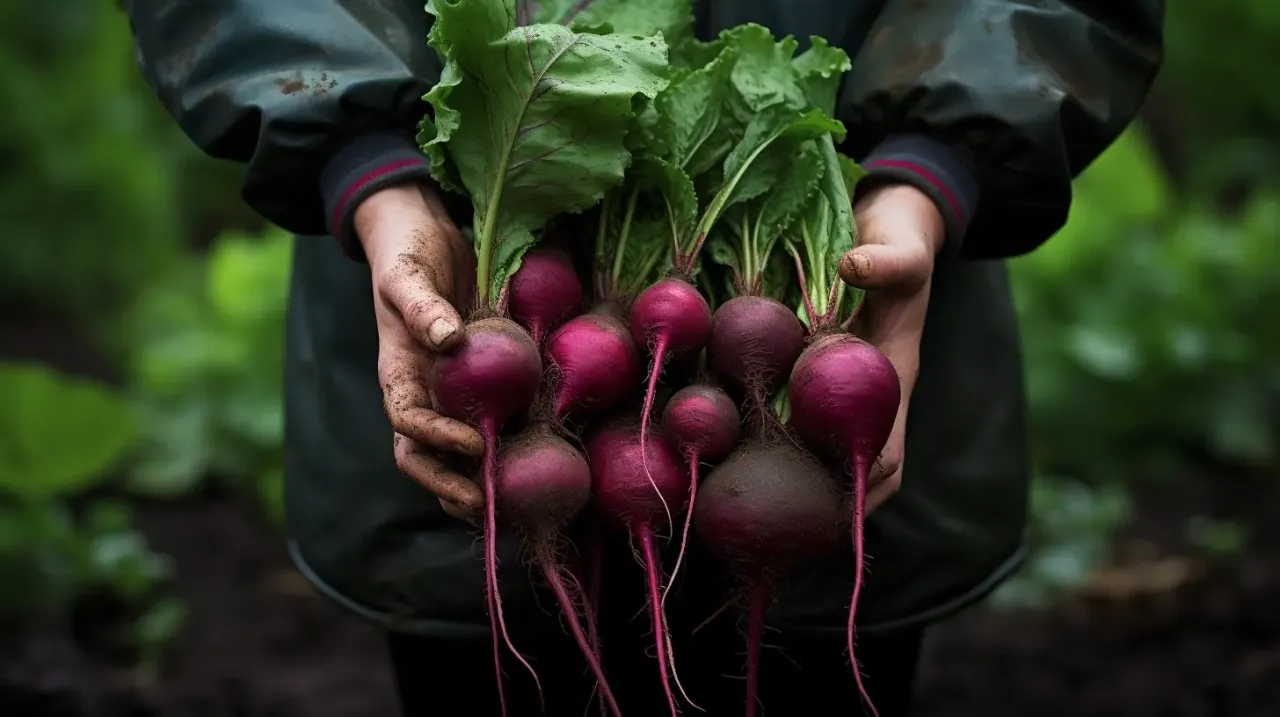 Ręce trzymające świeżo wykopane, purpurowe buraki z zielonymi liśćmi. Zastanawiasz się, czy można mrozić surowe buraki?