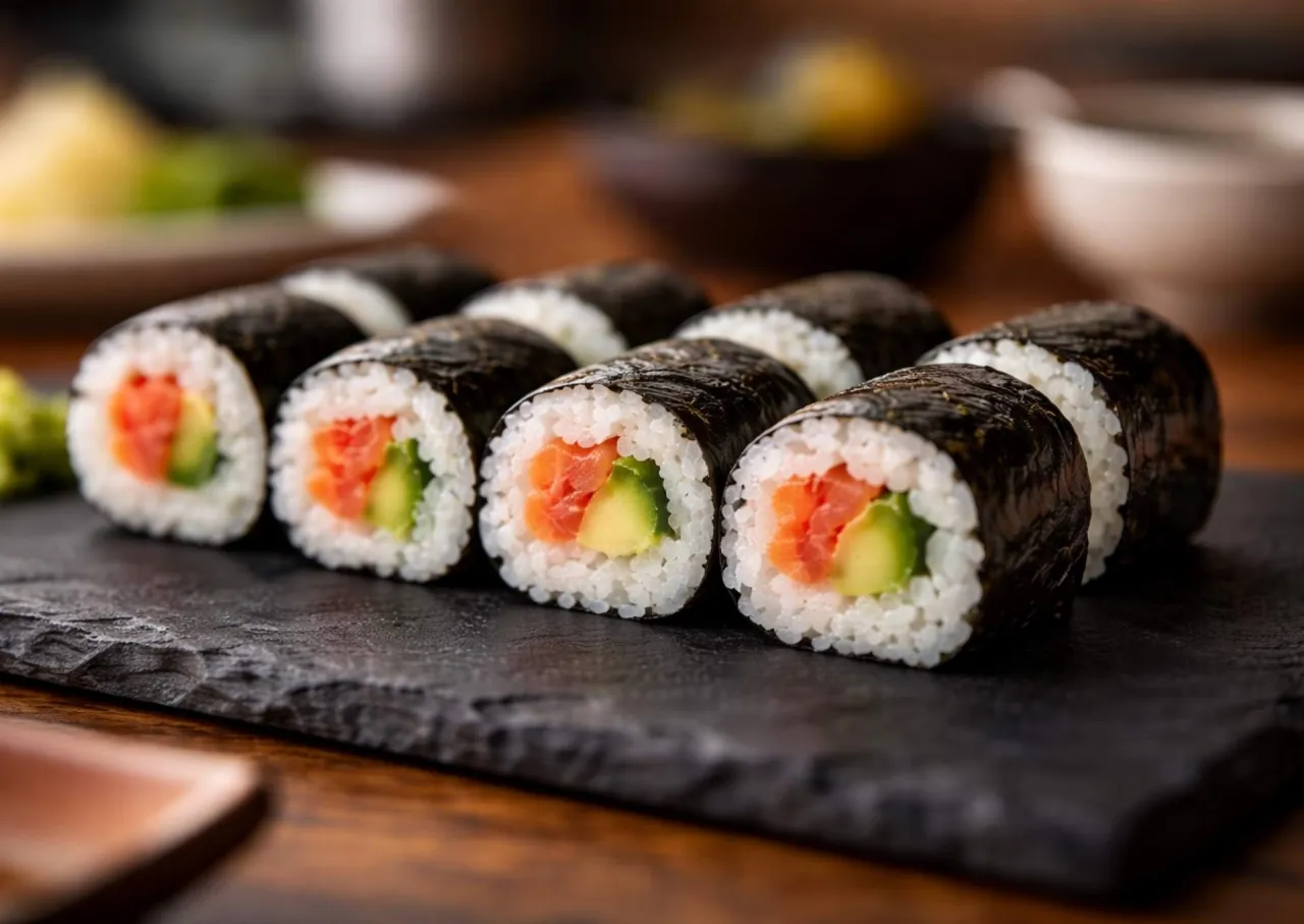 Roladki sushi z łososiem i awokado, pokazujące jak przygotować nori do sushi.