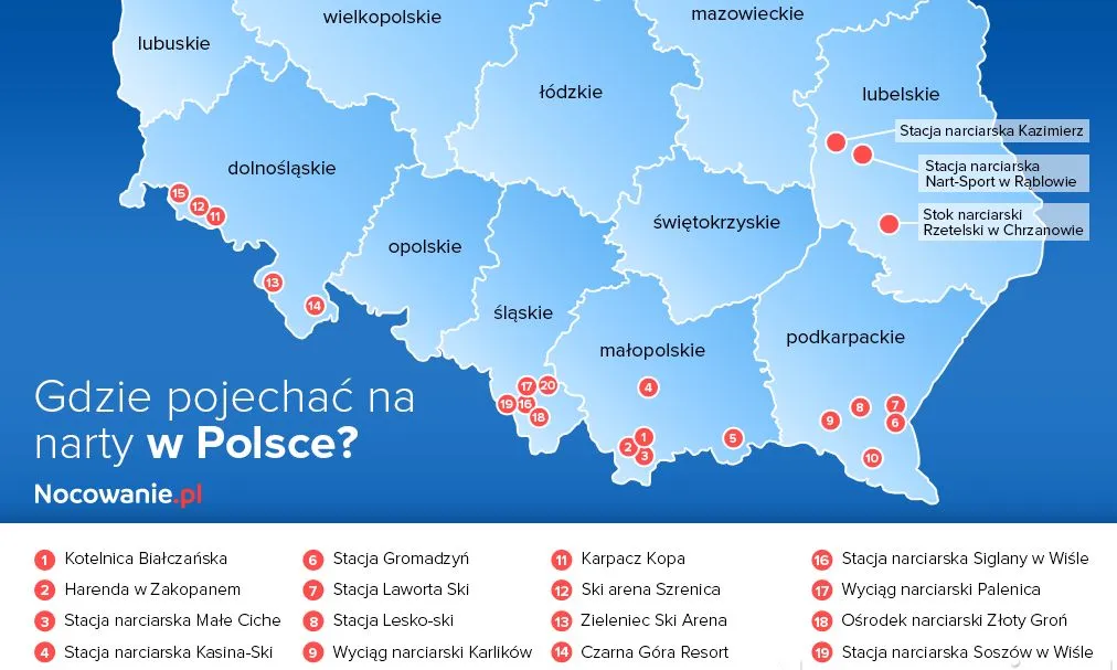 Mapa Polski ośrodki narciarskie poza g&oacute;rami