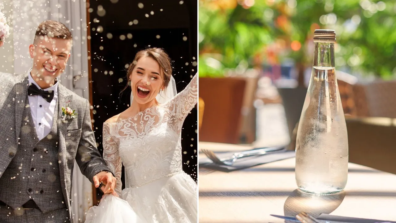 Szczęśliwa para młoda wychodzi z kościoła, a obok butelka wody na stole. Jak odm&oacute;wić przyjścia na wesele?