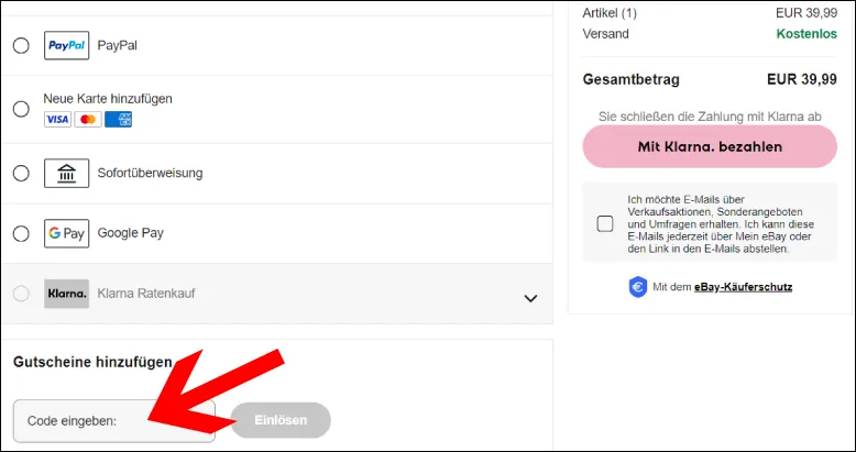 eBay Autoteile Gutschein einlösen Screenshot