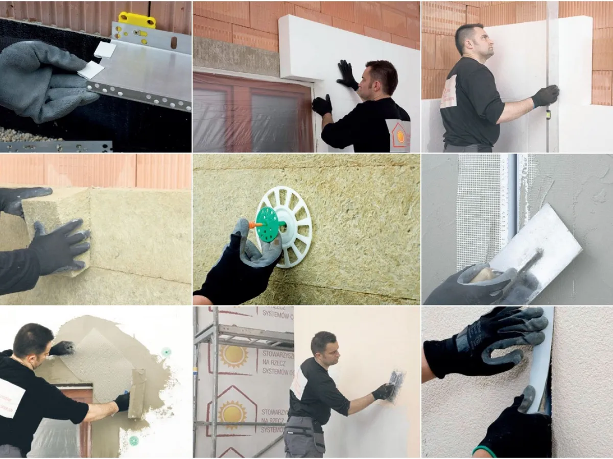 r&oacute;żne etapy prac elewacyjnych, ocieplenie domu