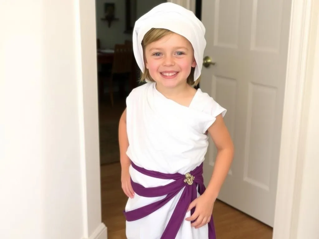 dziecko w stroju greckim z prześcieradła