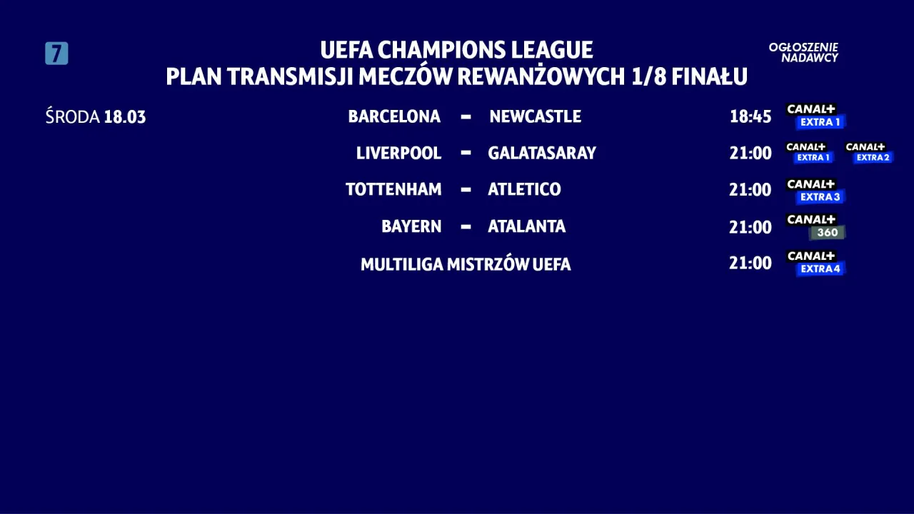 Plan transmisji rewanżowych mecz&oacute;w 1/8 finału Ligi Mistrz&oacute;w UEFA. Sprawdź, o kt&oacute;rej mecz ligi mistrz&oacute;w: Barcelona - Newcastle o 18:45, a pozostałe o 21:00.