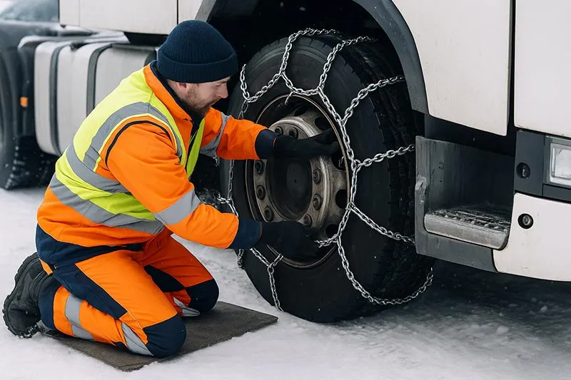 kierowca ciężarówki zakłada łańcuchy śniegowe przygotowanie
