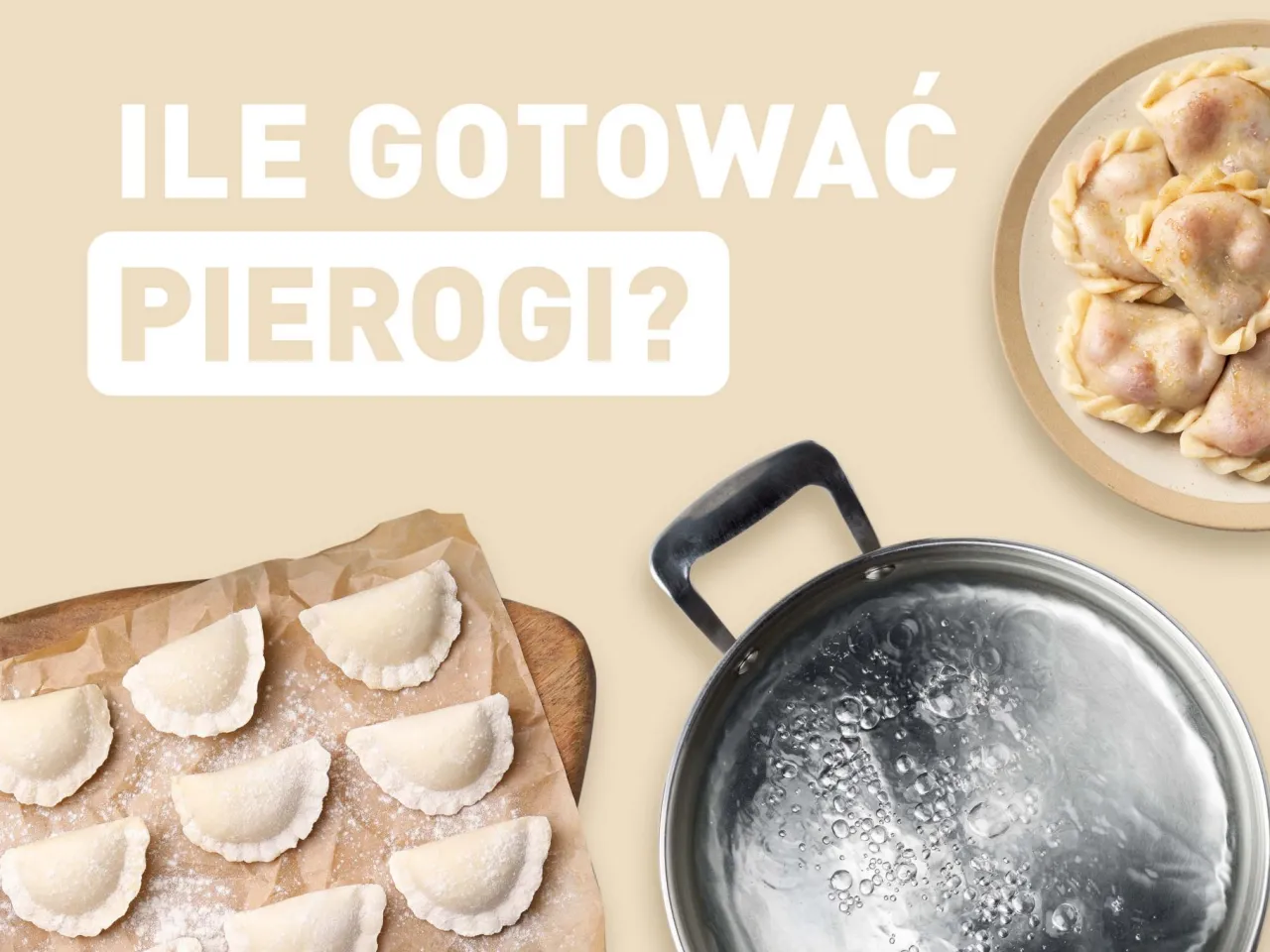 Gotowanie pierogów: surowe i ugotowane pierogi obok garnka z wrzącą wodą. Dowiedz się, jak długo gotuje się pierogi.