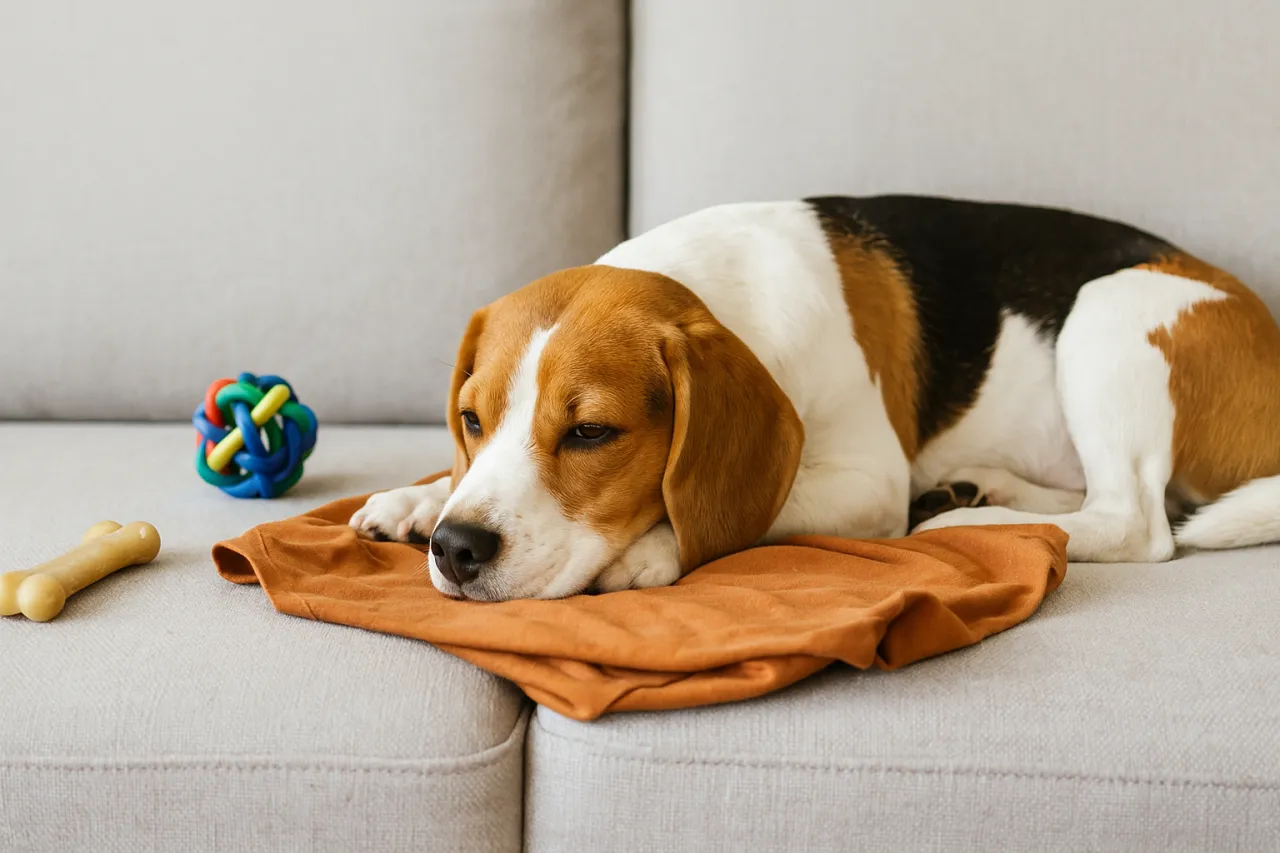 Smutny beagle leży na kanapie obok zabawek. Zastanawiasz się, od kiedy można zostawiać szczeniaka samego?