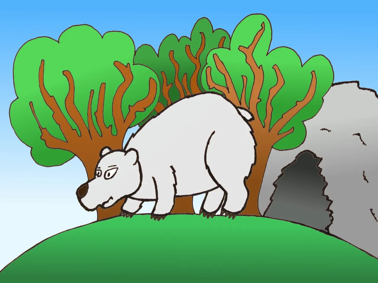 Biały niedźwiedź na zielonym wzg&oacute;rzu, za nim drzewa i jaskinia. Może to początek legendy o chełmie?