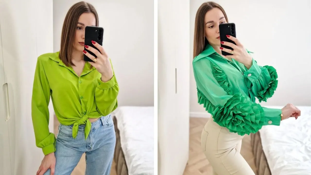 Monochromatyczne stylizacje z zieloną koszulą