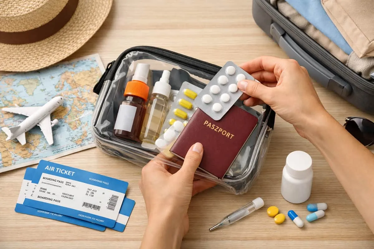 Przygotowujesz się do podróży i zastanawiasz, czy można przewozić leki w bagażu podręcznym? Na zdjęciu widać paszport, bilety lotnicze i kosmetyczkę z lekami.