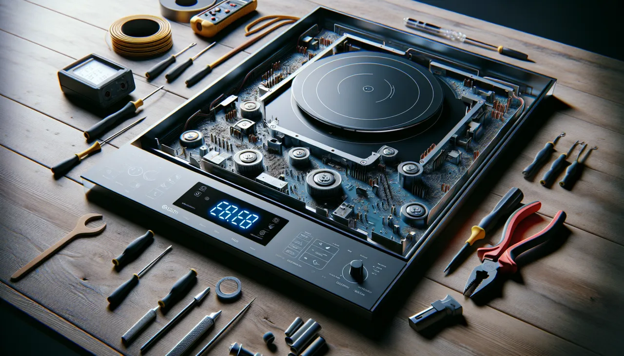 Rozłożona płyta indukcyjna z widocznym wnętrzem i narzędziami. Czy płyta indukcyjna ma bezpiecznik? Widać tu elektronikę, cewki i elementy sterujące.