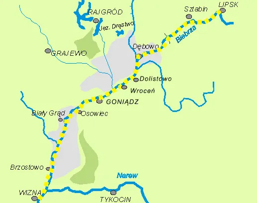 mapa spływów kajakowych Biebrzą z zaznaczonymi trasami