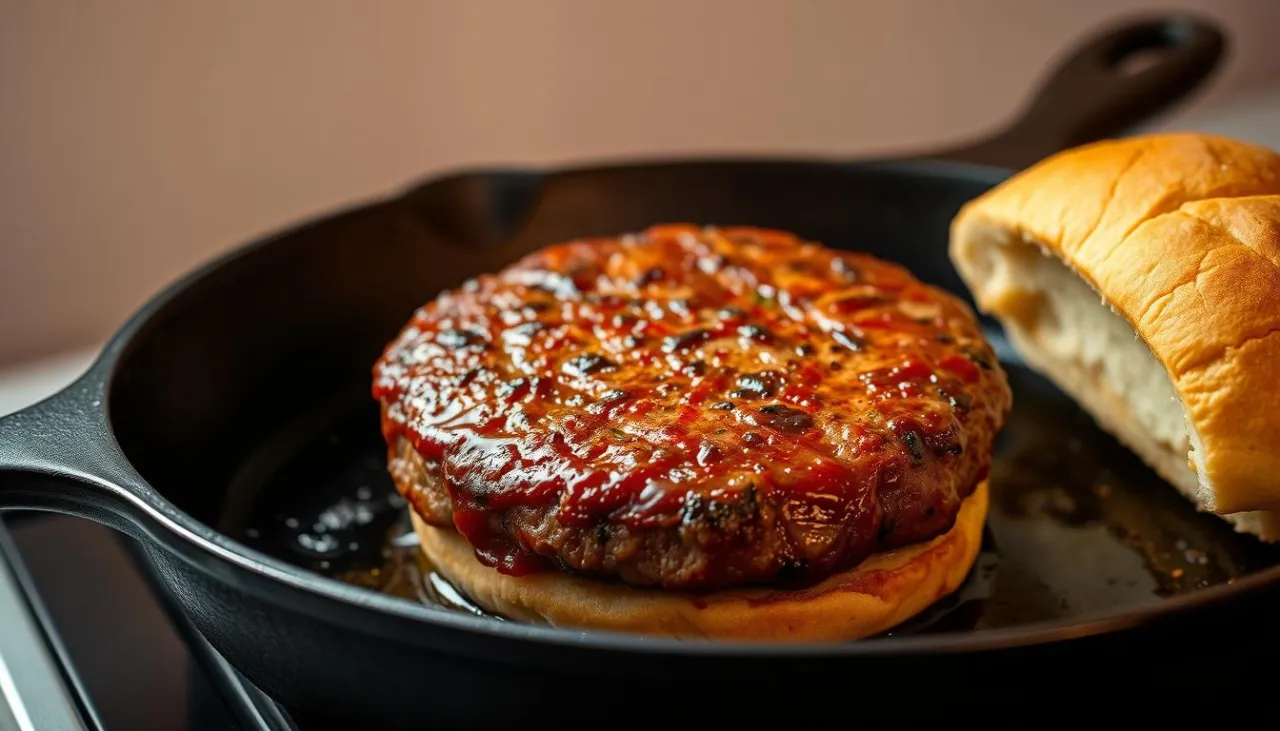 smażenie burgera na patelni żeliwnej, grillowanie burgerów