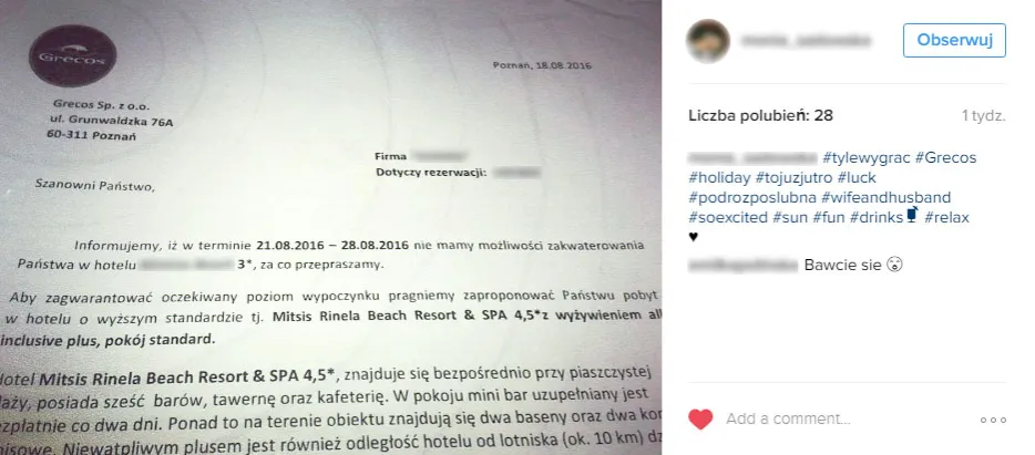 reklamacja hotel overbooking dokumenty rachunki